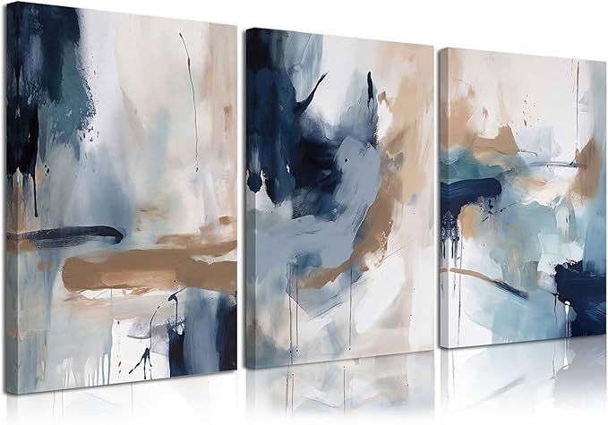 KBKBART 3 Piece Blue Abstract Framed Wall Art For Living Room, Watercolor Ink Navy Blue Canvas Wall Art Modern Minimalist Art Prints Wall Décor For Bedroom Office 12x16in