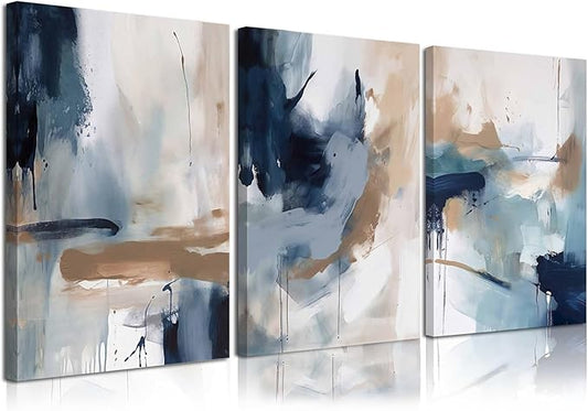 KBKBART 3 Piece Blue Abstract Framed Wall Art For Living Room, Watercolor Ink Navy Blue Canvas Wall Art Modern Minimalist Art Prints Wall Décor For Bedroom Office 12x16in