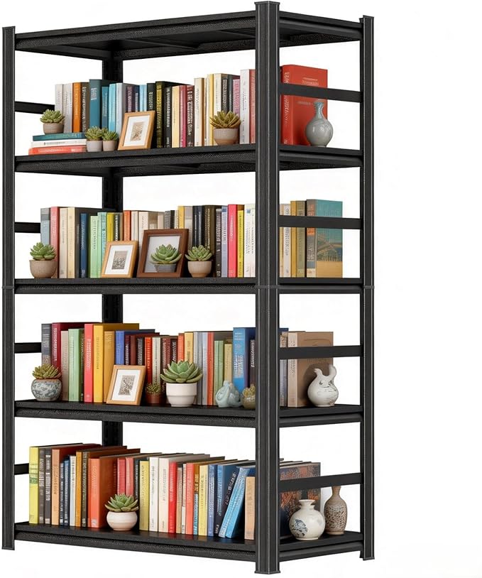 Modern Bookshelf, 5-Tier Book Shelf, 1500LBS Display Bookcase, Steel Frame & Metal Shelves, 77.5"H Adjustable Bolt-Free Storage Shelves for Living Room, Bedroom, Home, Garage, Kitchen, 47.2"W x18"D