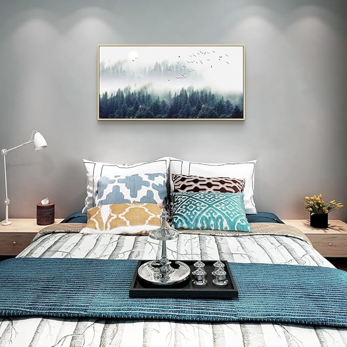 Framed Canvas Wall Art For Living Room Large Size Wall Decor For Bedroom Foggy Forest Trees Landscape Painting Wall Decorations Modern Home Decor Canvas Pictures Artwork Natural Framed 20" X 40"