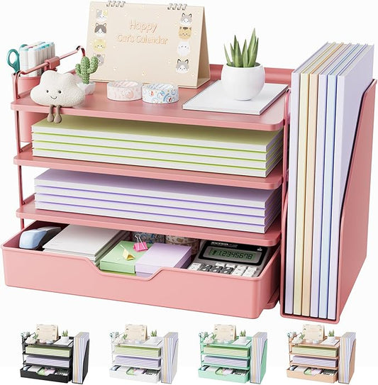 Kitsure Desk Organizer - 4-Tier Office Desk Accessories with Drawer ＆ Pen Holder, Tool-Free Assembly Organizer with Non-Slip Pads, for Office Supplies Storage, Plastic, 13.3" x 8.0" x 10.8", Pink