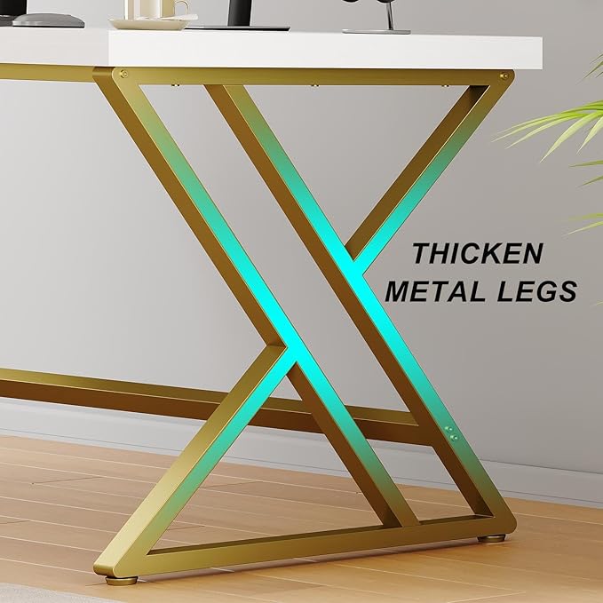LVB White and Gold Desk, Modern Wood Home Office Computer Desk, Metal Study Executive Writing Table for Gaming Writing Work, Farmhouse Simple Compact Student PC Desk for Bedroom, 55 Inch