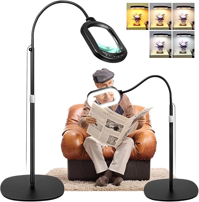 Large Magnifying Glass with Light and Stand, 10X Rectangle Optical Real Glass Lens, Height Adjustable Gooseneck Magnifier Floor Lamp, 5 Color Modes LED Dimmable Lighted Hands Free for Close Work Craft