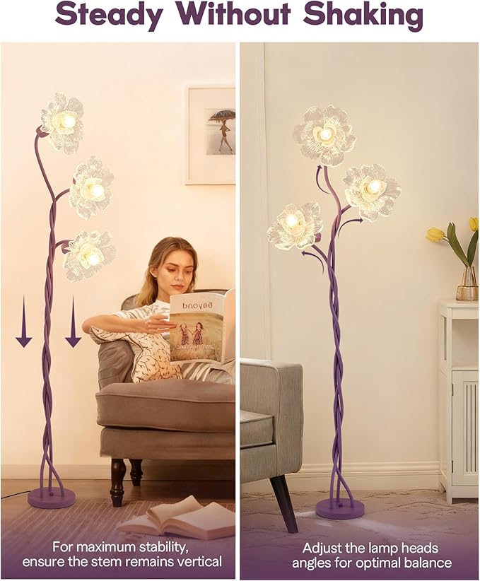 3 Light Flower Floor Lamps for Living Room, Standing Floor Lamp with Flexible Gooseneck, Unique Floor Lamp with 3 Color Temperatures, Tall Corner Floor Lamps for Living Room, Bedroom—Purple
