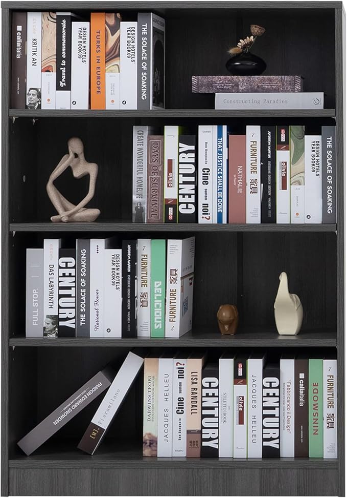 Farini Black Bookshelf for Bedroom 4 Shelf Office Bookcase 48 Inches Tall Modern Wood Bookshelf for Living Room 4 Tier Wide Manga Books