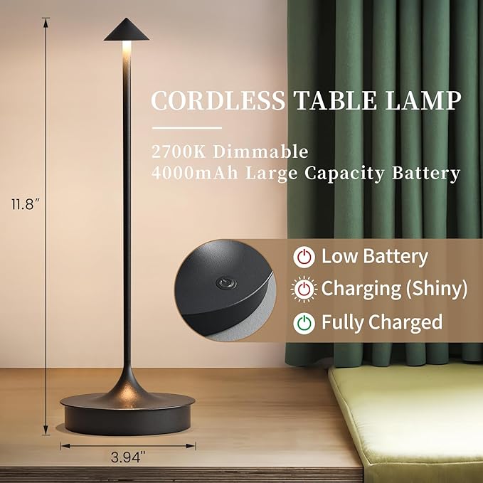 Cordless Table Lamp Rechargeable LED Battery Operated 4000mAh Table Lamp Touch Dimmable Lamp Outdoor Waterproof Portable Wireless Table Light for Dining Restaurant Bar Indoor/Outdoor Use (Black-2PC)