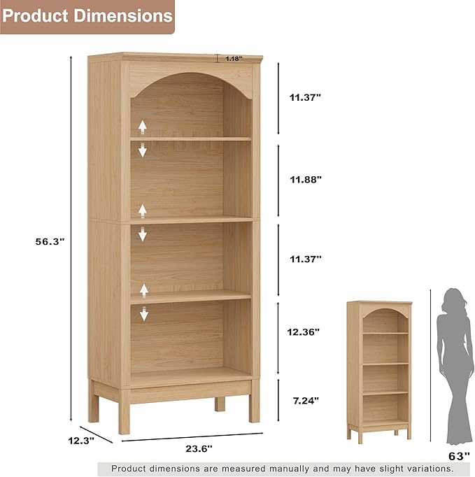 56" H Tall Bookshelf and Bookcase, Arched Book Shelf with 4-Tier Open Shelves, Wooden Storage Bookcase Freestanding Display Bookshelves for Bedroom, Living Room, Natural Oak