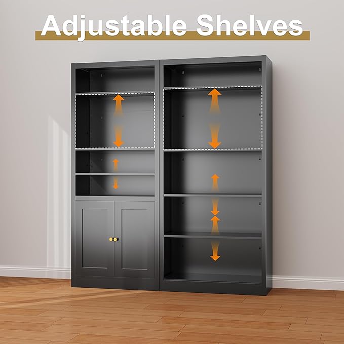 Bookshelves and Bookcases, 5 Shelf Bookcase for Home Office Library Living Room, Metal Bookcase with Adjustable Shelves. Set of 2