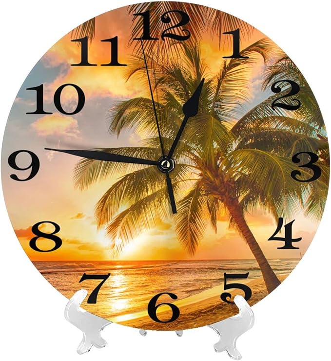 Palm Tree and Tropical Beach Wall Clock Battery Operated Silent Round Clock Sunset Over The sea Wall Decor for Home Office School, 12 Inch