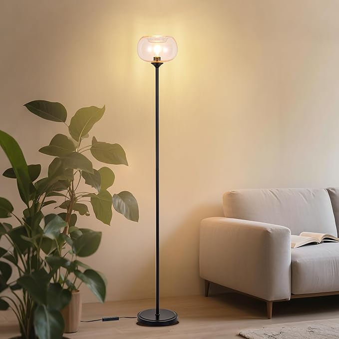 MAYNA Globe Floor Lamp, Clear Round Glass Standing Lamp with Built-in Timer Switch, Black Tall Industrial Lamps for Living Room Bedroom, 2700K LED Bulb Included