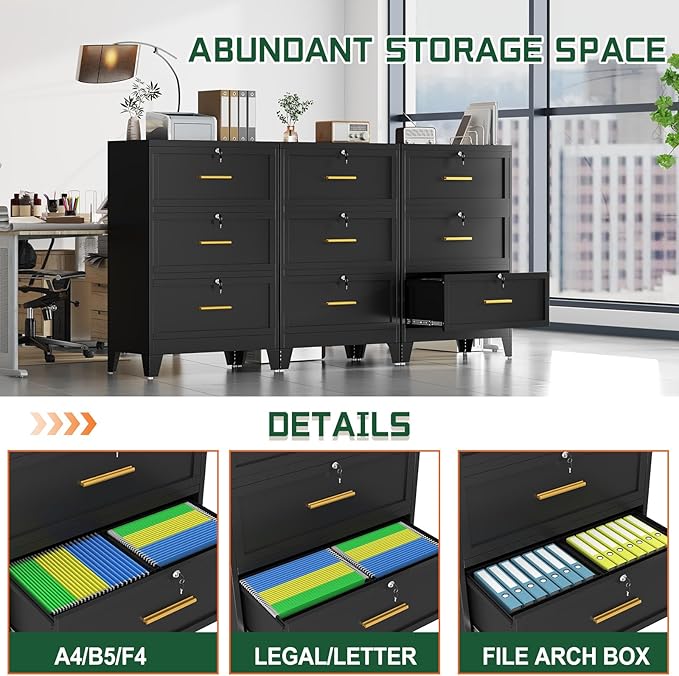 3 Drawer File Cabinet with Lock, Metal Lateral File Cabinets for Home Office, Steel Wide Filing Organization Storage Cabinets, Home Office Furniture for Hanging Files Letter/Legal/F4/A4 Size