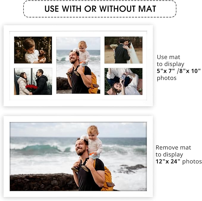 Golden State Art, 12x24 White Wood Picture Frame - White Mat for 8x10 and 5x7 Photos - Real Glass, Sawtooth Hanger, Swivel Tabs - Wall Mounting - Great for Posters, Weddings, and Engagements