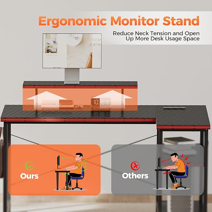 Mericonia Small L Shaped Computer Desk with Power Outlets, Reversible Gaming Desk with Storage Shelves & Monitor Stand, Corner Gamer Desk Table, Study Writing Table