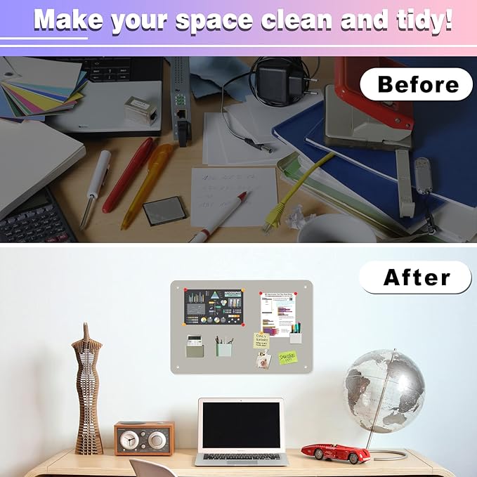 Magnetic Board,17.5" x 11.4" Magnet Bulletin Board to Display Magnetic Notes, Poetry, Photos, Suitable for Wall, Refrigerator, Cabinet etc, Come with 4 Pcs Dual Lock Tape and Screws (Gray)