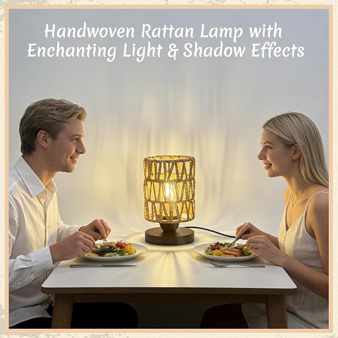 Boho Rattan Table Lamp, Bedroom Bedside Small Lamps with Warm White LED Bulb, Vintage Wooden Nightstand Nightlight, Rustic Handmade Woven End Desk Lamps for Bedroom Living Room Study Kids Room
