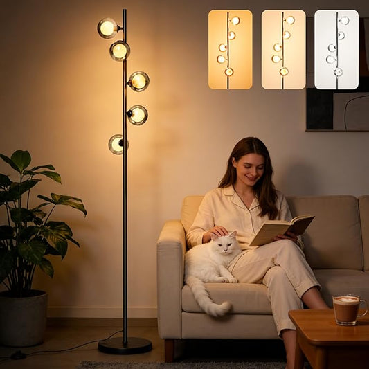Tripod Floor Lamp with Shelves, RGBW Color Changing LED Bulb Included, Remote & App Control, Mid Century Modern Standing Light, E26 Base,Boho Copper Finish for Living Room, Bedroom, Office