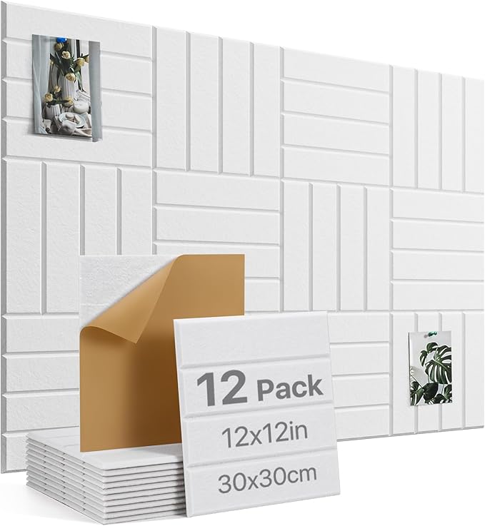 Large Cork Board, 12 Pack 12"X12"X0.4" Felt Bulletin Board Tiles with Self Adhesive for Wall Home Office Decor, Pin Cork Boards-White