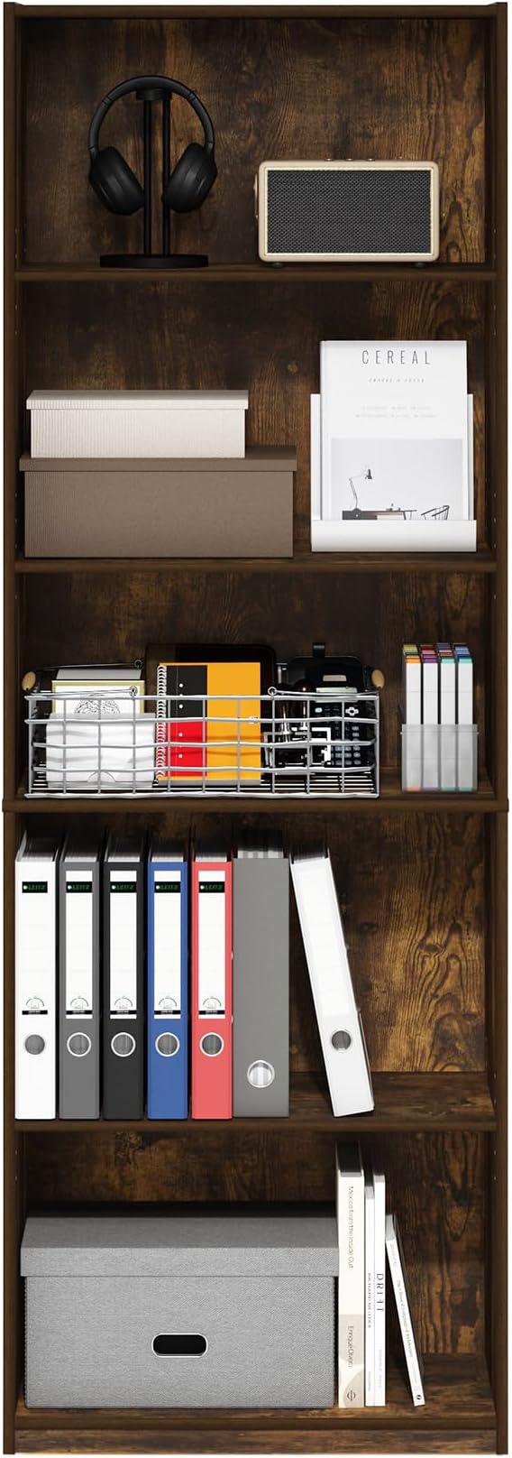 Furinno GEHRY Book Shelf, 5-Tier Bookshelf, Bookcase, with Adjustable Shelves, 11.6 x 24.8 x 71.4, for Home Office, Living Room, Amber Oak