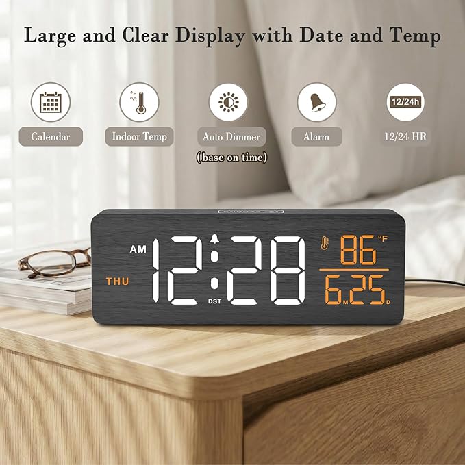 DreamSky Wooden Digital Alarm Clocks for Bedrooms – Large Display Desk Clock with Date & Day of Week for Living Room, Temperature, Dimmer, Adjustable Volume, Auto DST, Office Wood Décor (Plug-in)