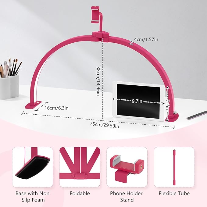 Yokilly Half Moon Light for Nail Desk: 29" Foldable Half Moon Desk Lamp with Phone Holder for Beginner - Arch Nail Tech Light with 3 Color Modes & 10 Brightness for Manicure Salon (Rose Red, Large)