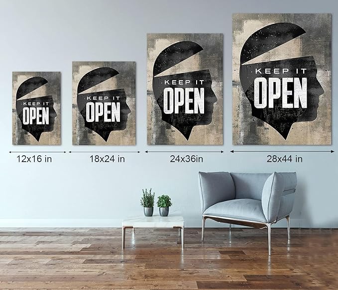 Inspirational Posters for Office with Inspiring Sayings Keep It Open Abstract Men Head Portrait Vintage Modern Home Decor Artwork for Living Room Bedroom Decor HD Print Ready to Hang-28"Wx44"H