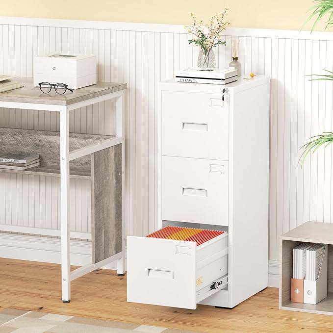 Greenvelly 3 Drawer File Cabinet with Lock, Metal Filing Cabinet for Home Office, Locking Vertical File Cabinet, 18" D File Cabinets for Home Office, Easy Assemble (White)