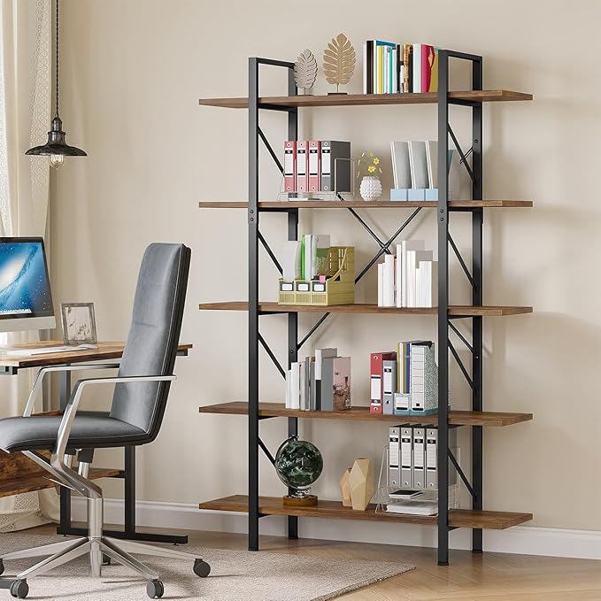 YITAHOME 5 Tier Bookshelf, Large Bookcase Industrial Book Shelf Storage Organizer, Free Standing Storage Shelving Unit for Living Room, Bedroom,Home Office, Rustic Brown