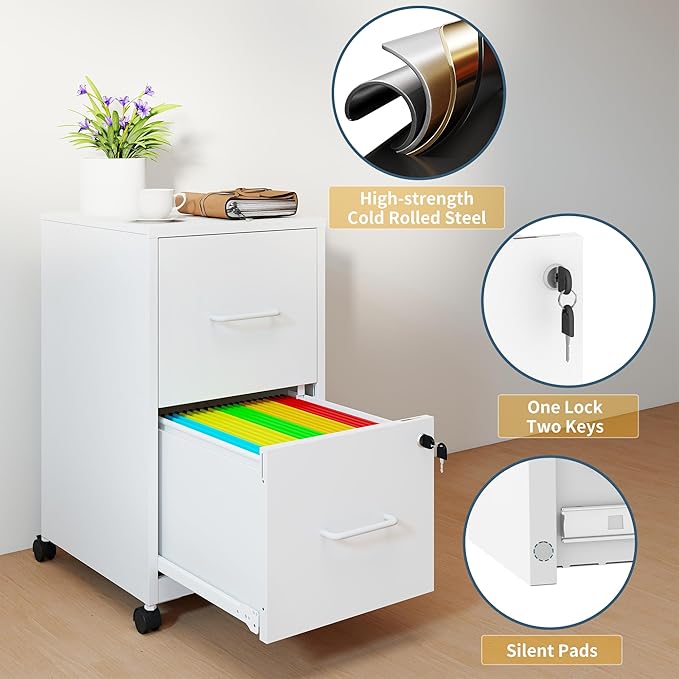 2 Drawer File Cabinet on Wheels, Mobile Filing Cabinets with Lock, Metal Storage Cabinet, Vertical Filing Cabinets for Home Office, Rolling File Cabinets for Under Desk,Amssebly Required,White