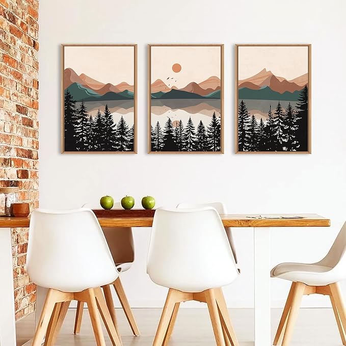 KAIRNE Boho Mountain Wall Art Set of 3-24x36 Inch Framed Canvas Prints, Mountain Lake Sunrise Landscape with Pine Trees, Mid Century Modern Nature Decor for Living Room, Bedroom, Home Office