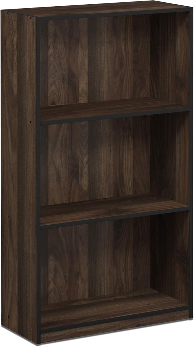 Furinno BASIC Book Shelf, 3-Tier Modern Bookshelf, Bookcase with Open Shelves, 9.3 x 21.8 x 39.5, for Living Room, Bedroom, Home Office, Columbia Walnut/Black