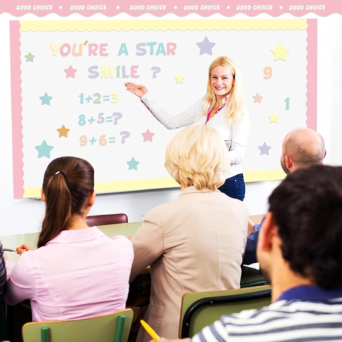 Containlol 188 Pcs Bulletin Board Borders Letters Stars Cutouts Set Include 59ft Poster Board Trims, Alphabet Letter Star Number Punctuation for Classroom(Pastel Color)