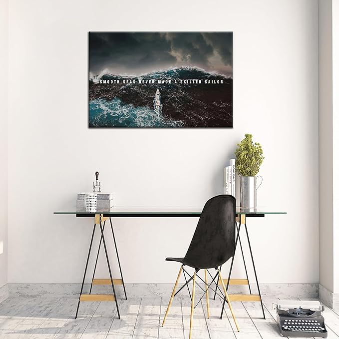 PSYYSP Inspirational Wall Art Canvas Poster Success Smooth Seas Painting Art Positive Motto Office Quotes Picture Print for Home Teen Bedroom Wall Decor Wooden Framed Ready to Hang [18''Wx12''H]