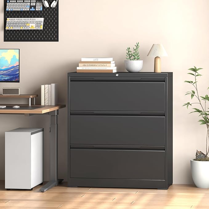 Coolsun Metal File Cabinet with Lock, 3 Drawer File Cabinet for Home Office, Lockable Lateral Filing Cabinet for A4/F4/Lagel/Letter (Black, 3 Drawer Lateral)