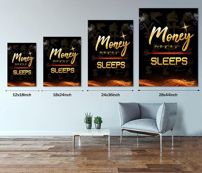 Large Size Money Never Sleeps Motivational Framed Wall Art Canvas Paintings Black and White Golden Artwork Stretched and Framed Easy to Hang-28x44 inch