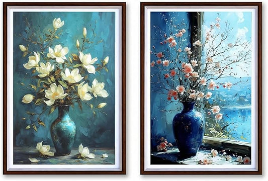 Set of 2 Floral Still Life Canvas Wall Art | Oil Painting Style High Definition Prints with Rustic Frames | Ready to Hang Modern Farmhouse Wall Decor for Living Room, Bedroom & Kitchen (16x24 Inchesx2)