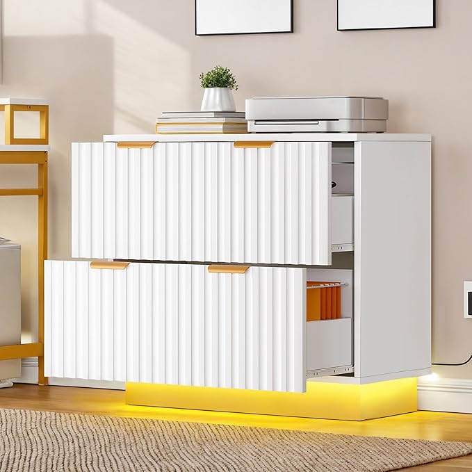 YITAHOME 2 Drawer File Cabinet with Led Light, Modern Filing Cabinet, Large Lateral File Cabinet for Home Office, White