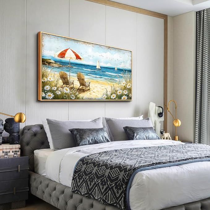 ERQINHUA Large Canvas Wall Art For Living Room Bedroom Wall Decor Office Blue Seaside Landscape Painting Wood Frame Room Bathroom Dining Room Prints Artwork Picture Home Wall Decoration 20x40 In