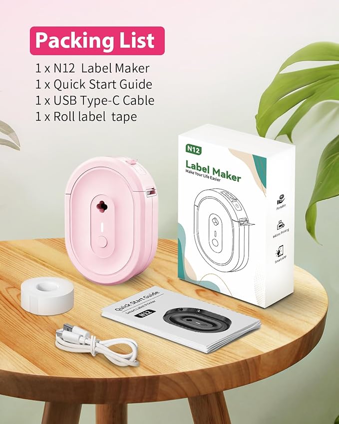 Label Maker Machine with Tape, N12 Portable Bluetooth Label Printer, Wireless Mini Label Makers Thermal Sticker with Multiple Templates for Home, Kitchen, School, Office Organization, Pink