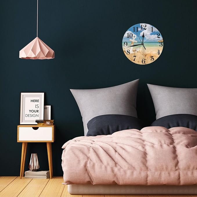 Sea Beach Starfish Nautical Anchor Wall Clock Battery Operated Silent Round Clock Wall Decor for Home Office School, 9.8 Inch