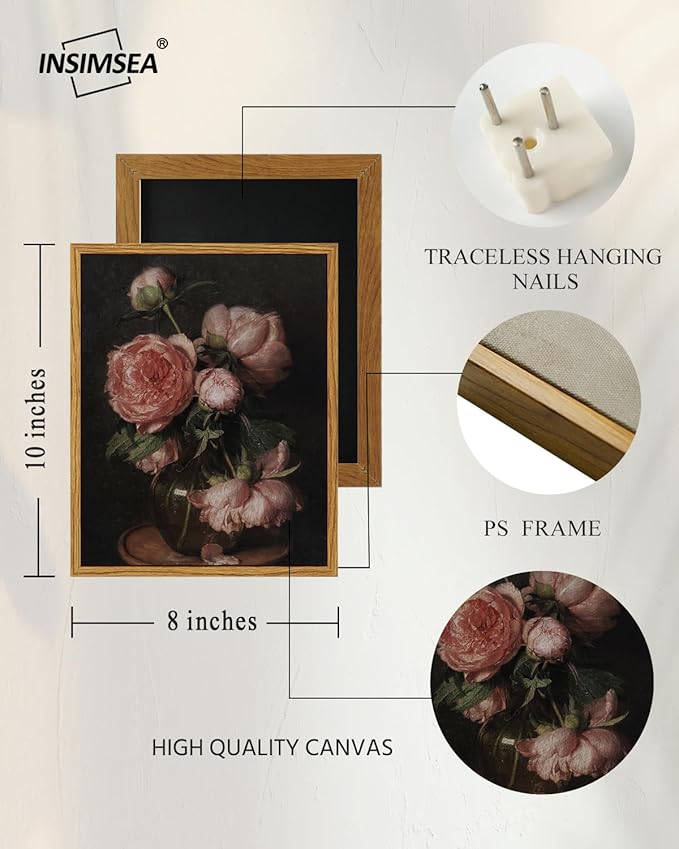InSimSea Framed Canvas Prints Art Vintage Decor, Flower Pictures Decor Aesthetic, Small Desk Shelf Decorations, Rose Floral Paintings For Bedroom Bedroom Office, 8"x10"