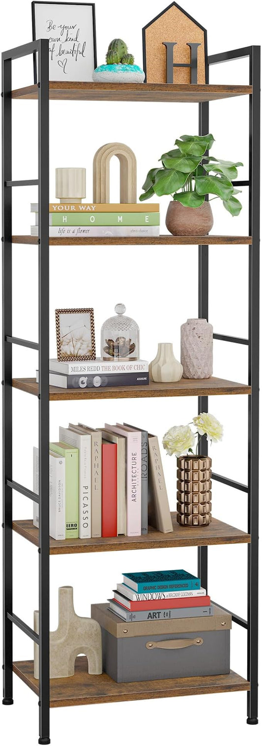 Kitsure 5-Tier Book Shelf - Wood & Metal Bookshelf with Handle & Adjustable Feet, Lightweight Bookcase for Living Room, Bedroom, Kitchen, Office or Dorm (16.5"×11.0"×50")