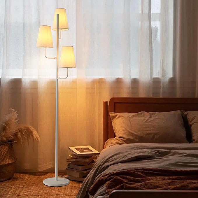 Traditional Floor Lamp for Living Room:3 Light Linen Country Rustic Floor Lamp for Bedroom, White Standing Lamp with Foot Switch, Country Rustic Tall Lamp, No Bulb