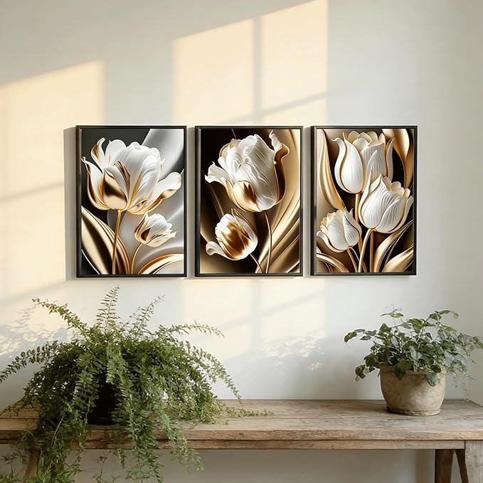 3Pcs Abstract White Gold Floral Wall Art Modern Luxury Minimalism Painting Pictures Wall Decor tulip Plants Posters Prints Artwork for Living Room Bedroom Office Home Decoration 16 x 24in unframed