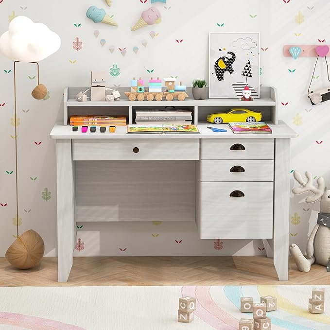 Safeplus 48" Computer Desk with 4 Storage Drawers and Hutch Wood Executive Table for PC Laptop