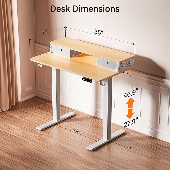 Kingant 35 x 20 Inch Small Electric Standing Desk with Dual Drawers, Height Adjustable Sit to Stand Computer Desk with Storage Shelf and C-Clamp Mount Compatibility for Home Office, Nature