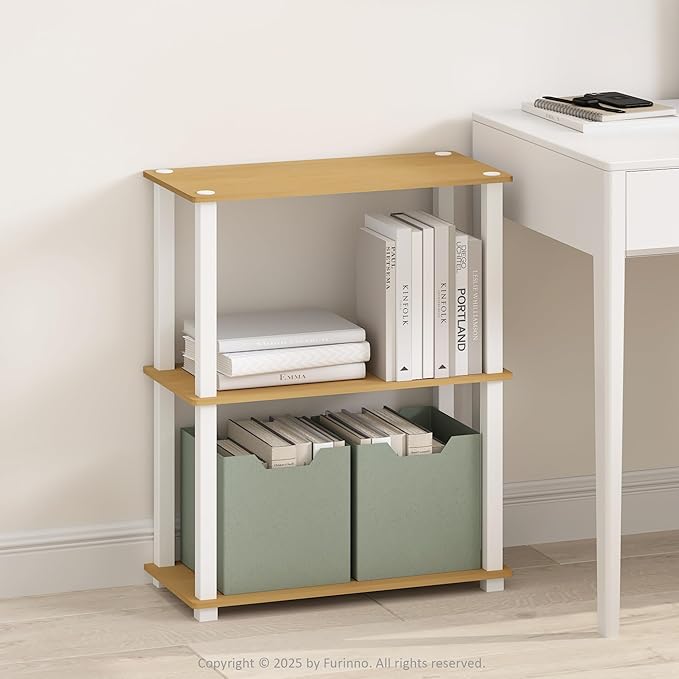 Furinno Turn-S-Tube Book Shelf, 3-Tier Bookshelf, Multipurpose Bookcase with Square Tube, 11.6 x 23.6 x 29.6, for Living Room, Bedroom, Home Office, Beech/White