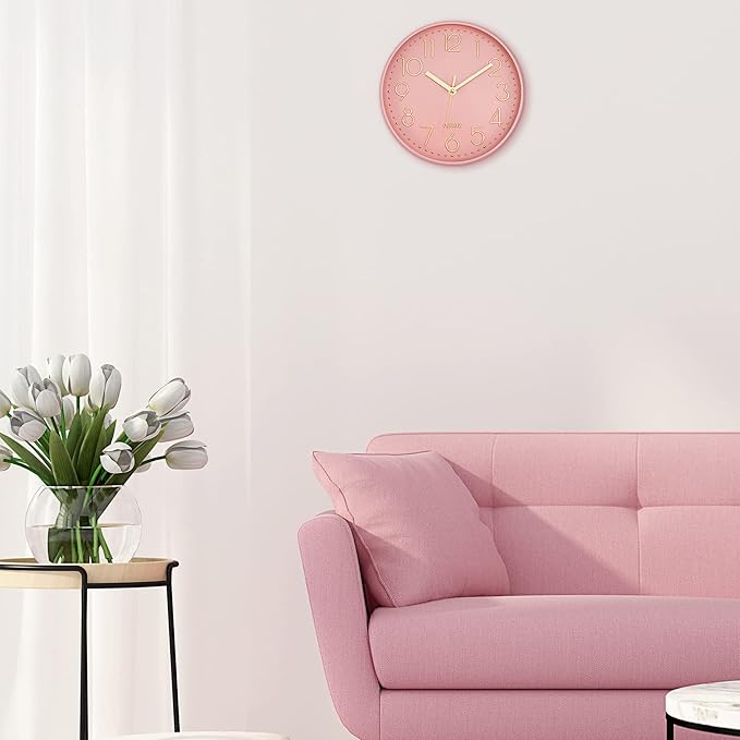 Lumuasky Pink Wall Clock Modern Battery Operated Analog Small Cute Silent Non-Ticking Decorative Clock for School Office Classroom Bedroom Kitchen Living Room Nursery Decor (10 inch)