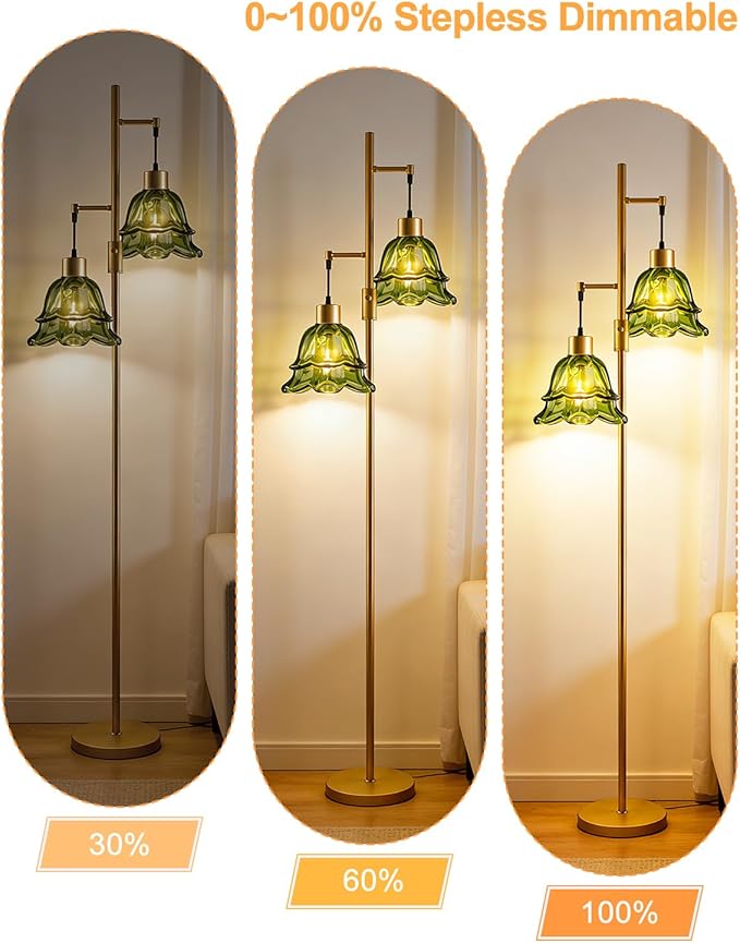2-Light Gold Dimmable Floor Lamp for Living Room, 65IN Tall Standing Lamps with Green Glass Lampshade, 3000K Warmwhite Mid Century Modern Floor Lamp for Bedroom/Sofa Beside/Corner Decor