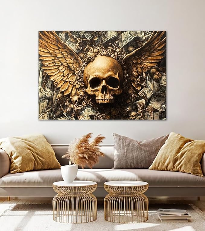 Large Money Wall Art Golden Wings Skull and Dollar Bills Posters Wall Decor Gothic Canvas Print Artwork for Living Room Bedroom Dark Fantasy Themed Decoration 28x44inch
