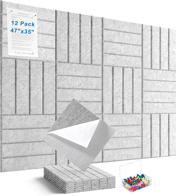 Large Felt Bulletin Board, 47"x35" Cork Board Alternative, Adhesive Cork Board with 30 Pushpins, Wall Pin Board, Bulletin Board for Office, 12 Pack, Gray